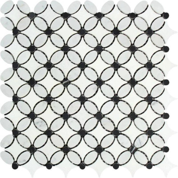 Thassos White Marble Florida Flower Polished Mosaic Tile w/Black Dots - tilestate