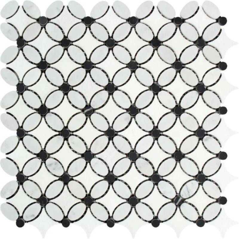 Thassos White Marble Florida Flower Polished Mosaic Tile w/Black Dots - tilestate