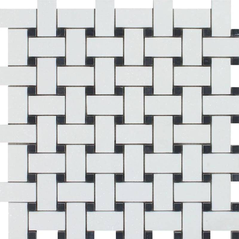 Thassos White Marble Honed Basketweave with Black Dots Mosaic Tile - tilestate