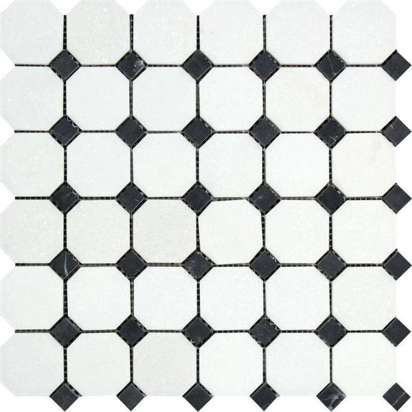 Thassos White Marble Octagon with Black Dots Polished Mosaic Tile - tilestate
