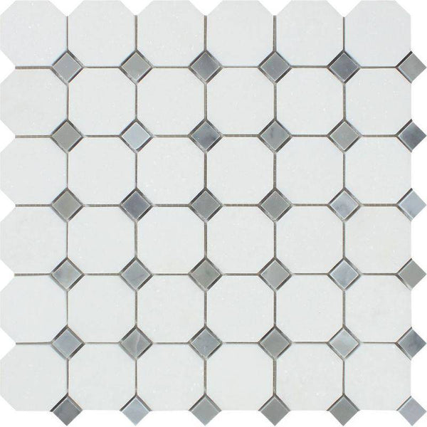 Thassos White Marble Octagon with Blue Dots Honed Mosaic Tile - tilestate