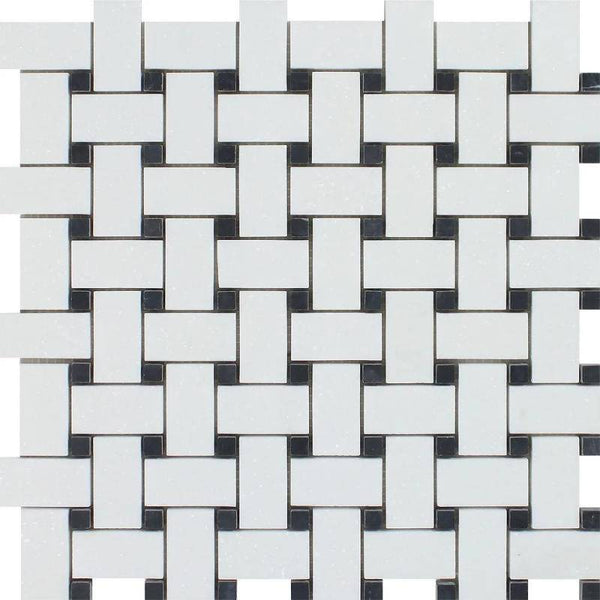 Thassos White Marble Polished Basketweave with Black Dots Mosaic Tile - tilestate
