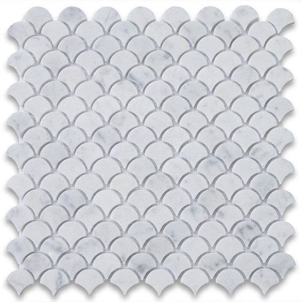 White Carrara Marble Fish Design (Fan Shape) Polished Mosaic Tile - tilestate