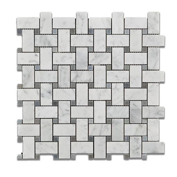 White Carrara Marble Honed Basketweave w/Gray Dots Mosaic Tile - tilestate