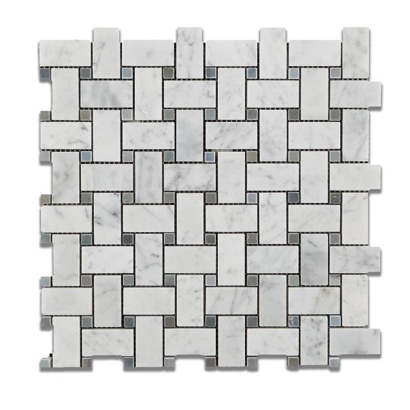 White Carrara Marble Honed Basketweave w/Gray Dots Mosaic Tile - tilestate