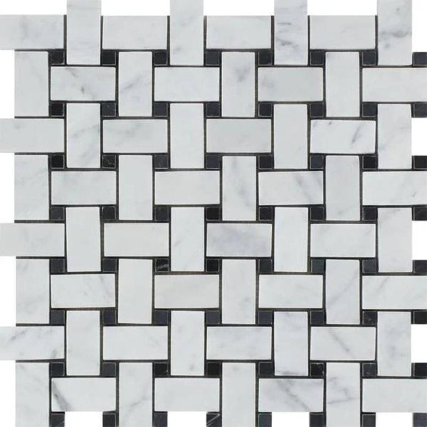 White Carrara Marble Honed Basketweave with Black Dots Mosaic Tile - tilestate