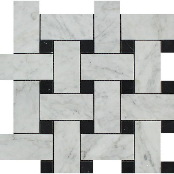 White Carrara Marble Large Basketweave with Black Dots Honed Mosaic Tile - tilestate