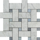White Carrara Marble Large Basketweave with Blue Dots Honed Mosaic Tile - tilestate