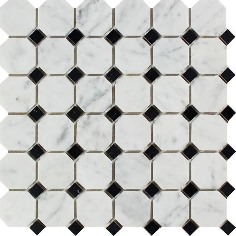 White Carrara Marble Octagon with Black Dots Honed Mosaic Tile - tilestate