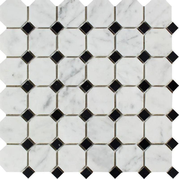 White Carrara Marble Octagon with Black Dots Polished Mosaic Tile - tilestate