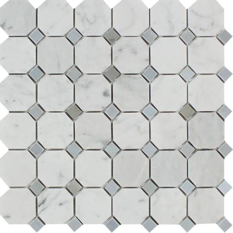 White Carrara Marble Octagon with Blue Dots Honed Mosaic Tile - tilestate