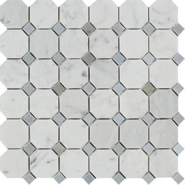 White Carrara Marble Octagon with Blue Dots Polished Mosaic Tile - tilestate