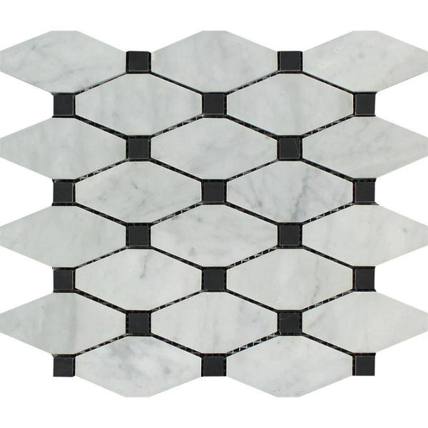 White Carrara Marble Octave with Black Dots Honed Mosaic Tile - tilestate