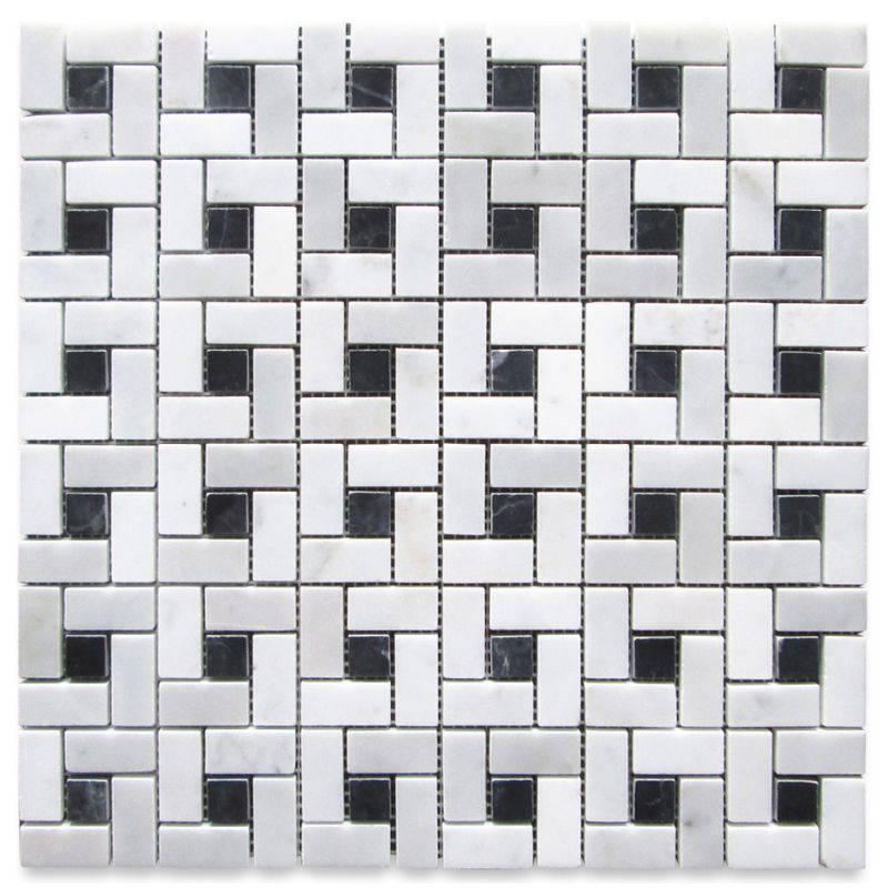White Carrara Marble Pinwheel w/Black dots Polished Mosaic Tile - tilestate