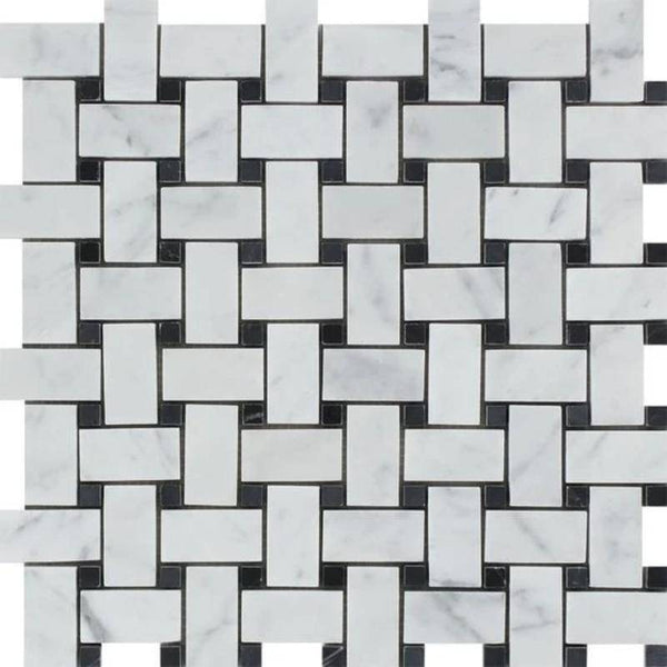 White Carrara Marble Polished Basketweave with Black Dots Mosaic Tile - tilestate