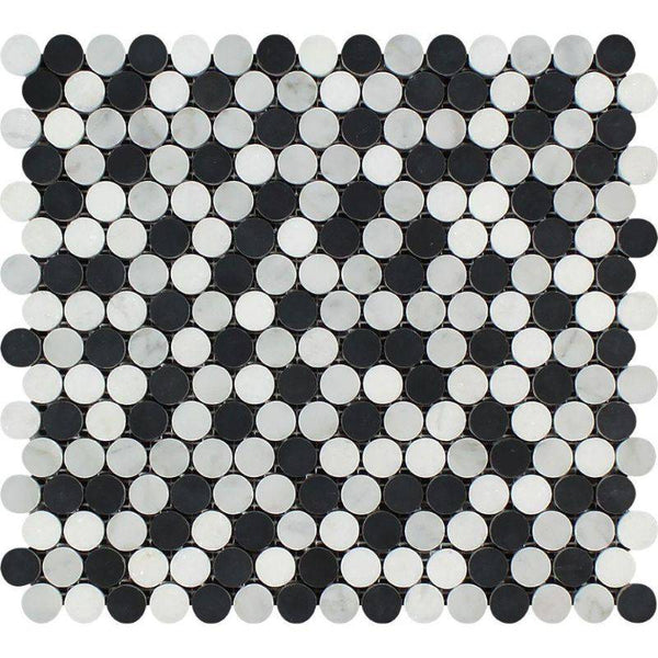 White Carrara Thassos Black Marble Penny Round Honed Mosaic Tile - tilestate