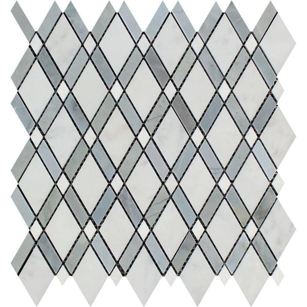 Oriental White Honed Marble Lattice Mosaic Tile (Thassos + Oriental White White + Blue-Gray) - tilestate