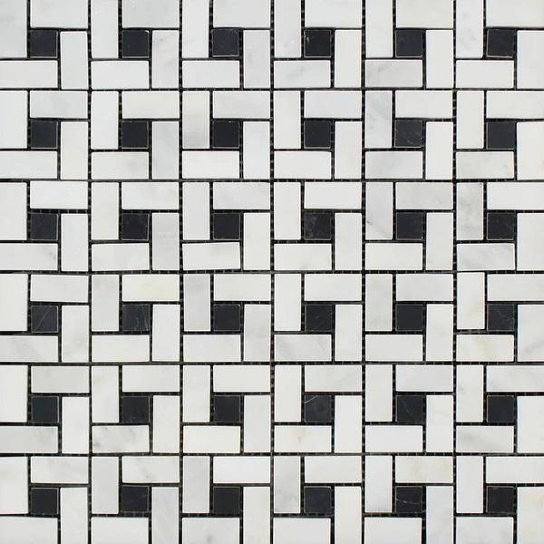 Oriental White Honed Marble Mini Pinwheel Mosaic Tile w/ Black Dots - tilestate