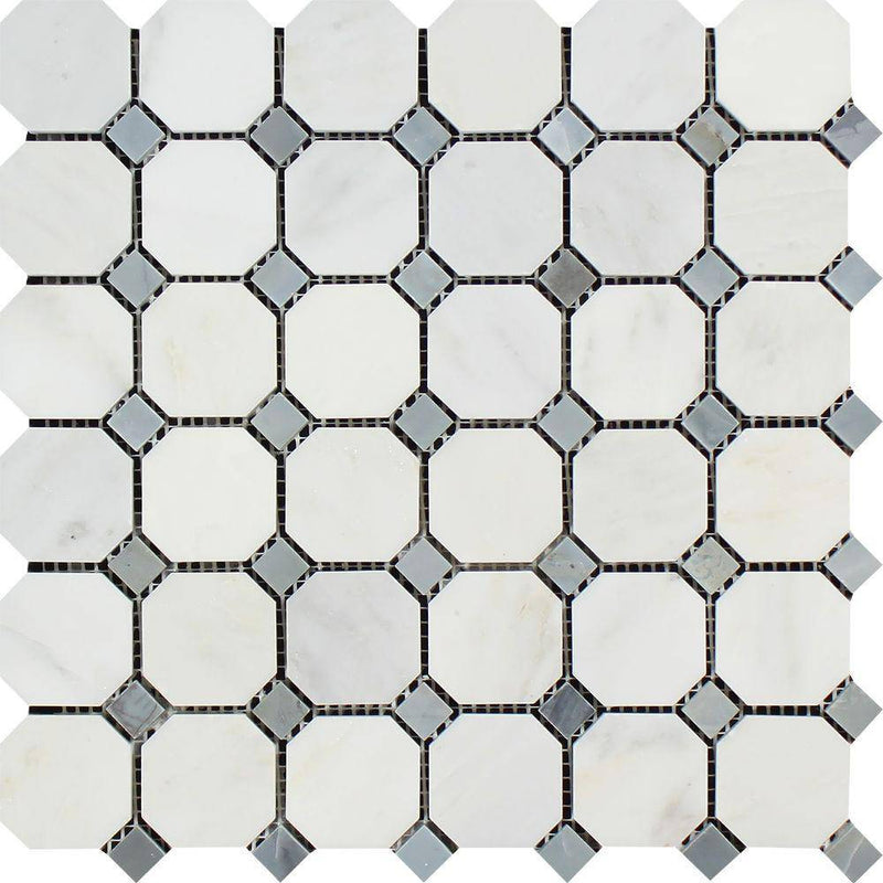 Oriental White Honed Marble Octagon Mosaic Tile w/ Blue-Gray Dots - tilestate