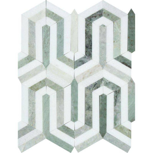 Thassos White and Green Marble Berlinetta Polished Mosaic Tile - tilestate