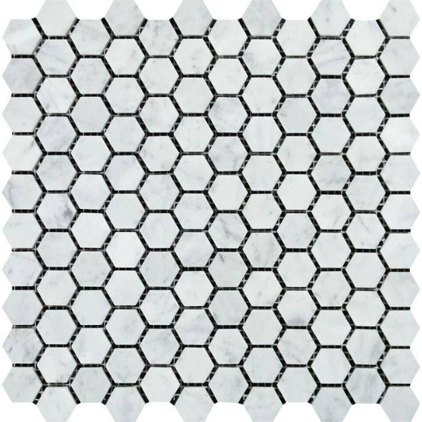 White Carrara Marble 1x1 Hexagon Honed Mosaic Tile - tilestate
