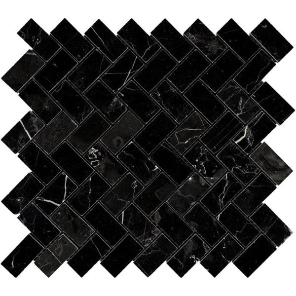 Nero Marquina Marble 1x2 Herringbone Honed Mosaic Tile - tilestate