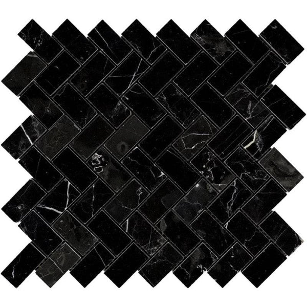 Nero Marquina Marble 1x2 Herringbone Polished Mosaic Tile - tilestate