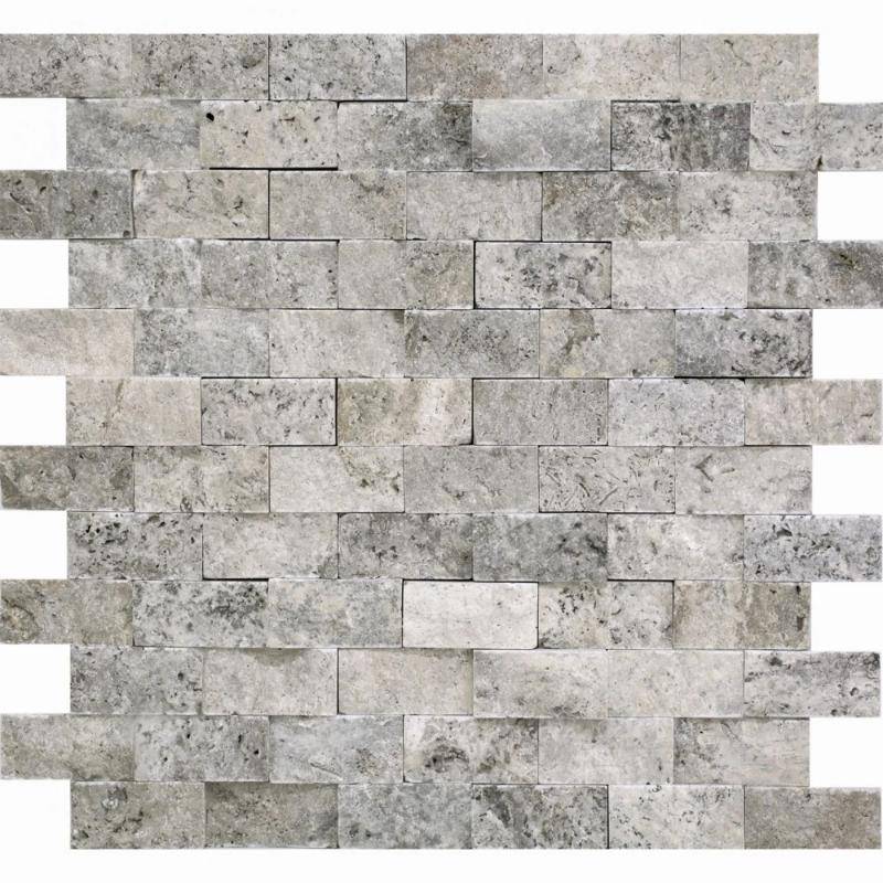 Silver Travertine 1x2 Split Face Mosaic Tile - tilestate