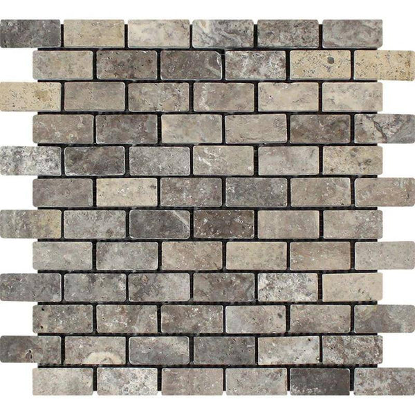 Silver Travertine 1x2 Tumbled Mosaic Tile - tilestate