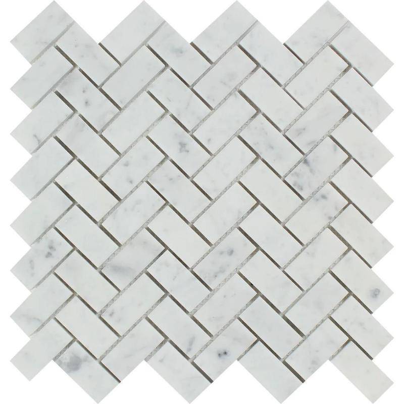 White Carrara Marble 1x2 Herringbone Honed Mosaic Tile - tilestate