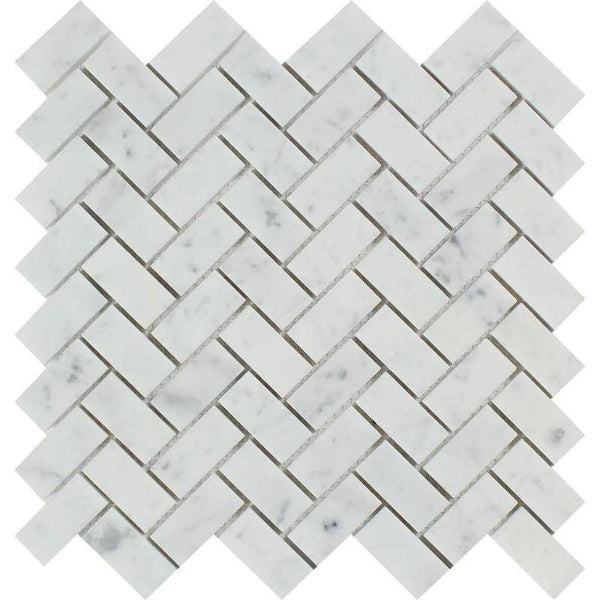 White Carrara Marble 1x2 Herringbone Polished Mosaic Tile - tilestate