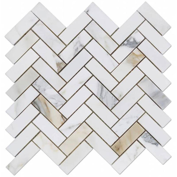 Calacatta Gold Marble 1x4 Herringbone Polished Mosaic Tile - tilestate