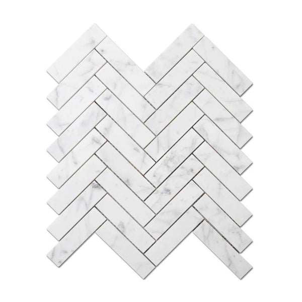 White Carrara Marble 1x4 Herringbone Polished Mosaic Tile - tilestate