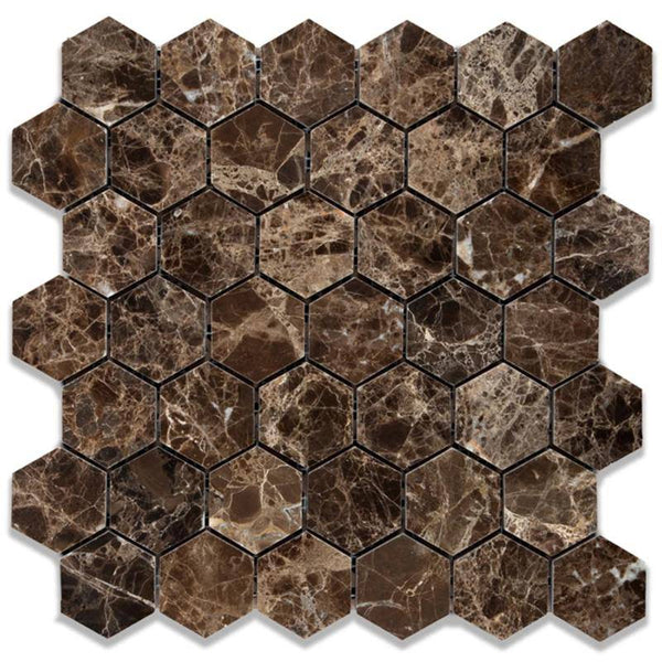 Emperador Dark Spanish Marble 2x2 Hexagon Polished Mosaic Tile - tilestate