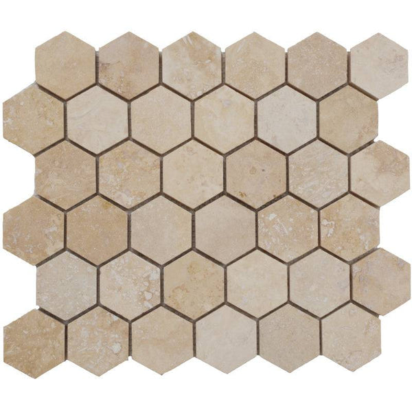 Ivory Travertine 2x2 Hexagon Honed Mosaic Tile - tilestate