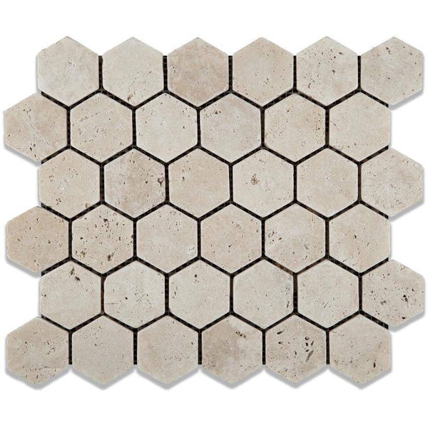 Ivory Travertine 2x2 Hexagon Tumbled Mosaic Tile - tilestate
