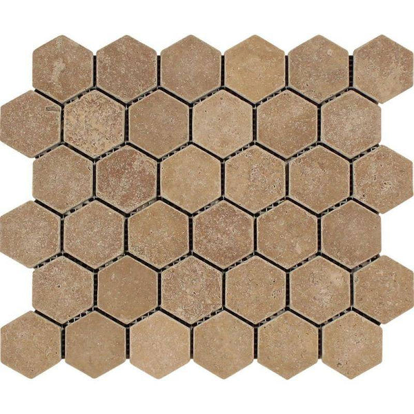 Noce Travertine 2x2 Hexagon Tumbled Mosaic Tile - tilestate