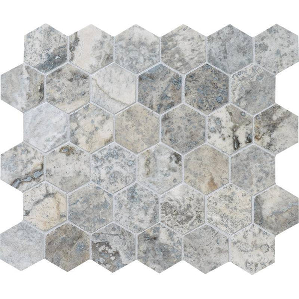 Silver Travertine 2x2 Hexagon Honed Mosaic Tile - tilestate