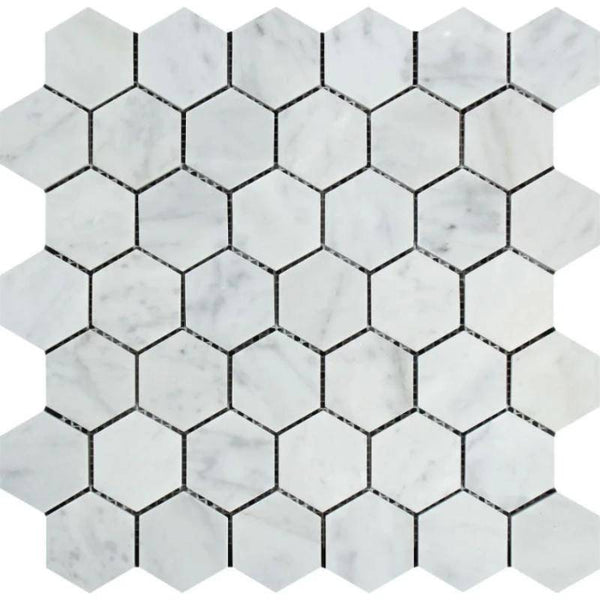 White Carrara Marble 2x2 Hexagon Honed Mosaic Tile - tilestate