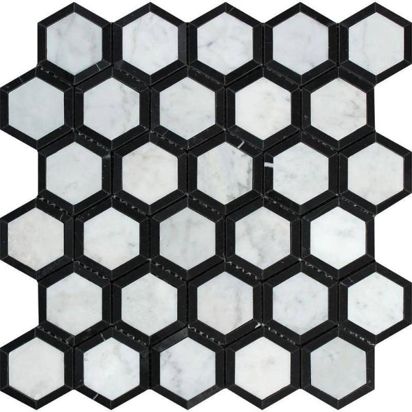 White Carrara Marble 2x2 Hexagon with Black Honed Mosaic Tile - tilestate