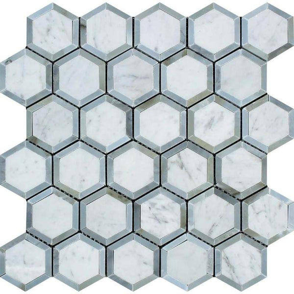 White Carrara Marble 2x2 Hexagon with Blue Honed Mosaic Tile - tilestate