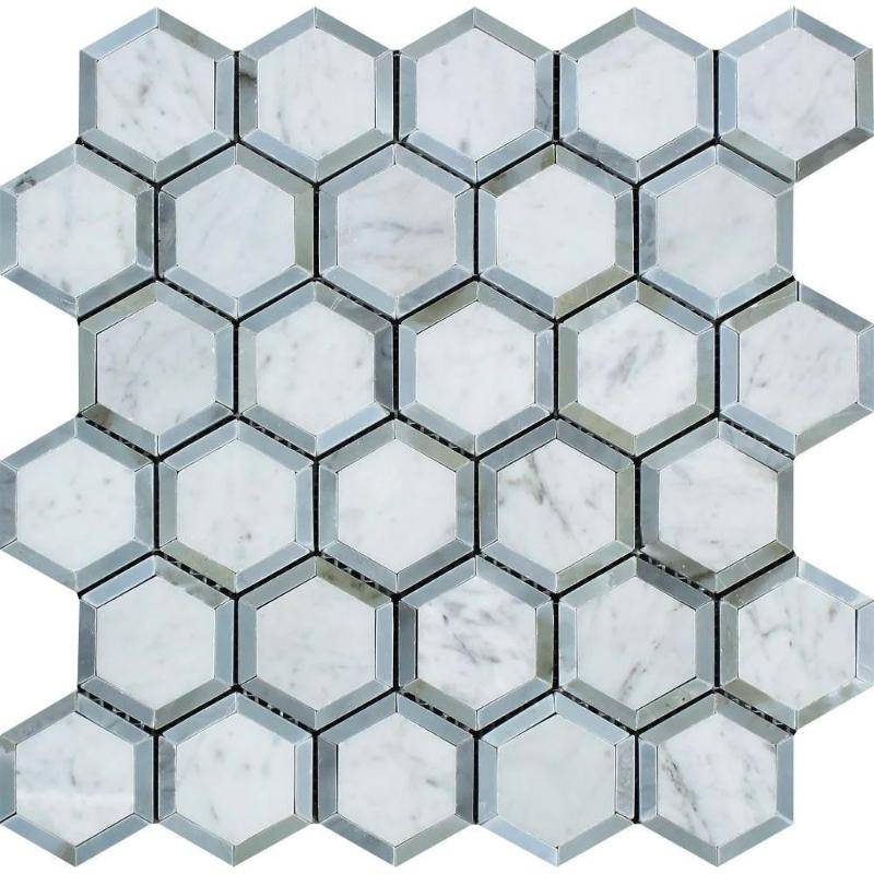 White Carrara Marble 2x2 Hexagon with Blue Polished Mosaic Tile - tilestate