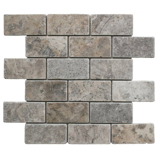 Silver Travertine 2x4 Tumbled Mosaic Tile - tilestate