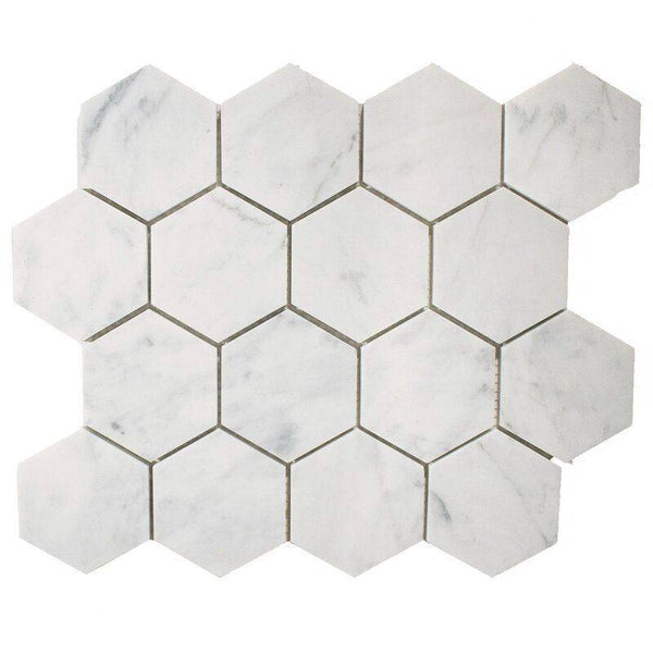 White Carrara Marble 3x3 Hexagon Honed Mosaic Tile - tilestate