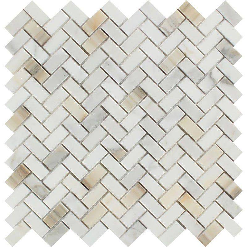 Calacatta Gold Marble Mini Herringbone Polished Mosaic Tile - tilestate