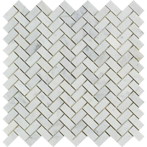 White Carrara Marble 5/8x1 1/4 Herringbone Honed Mosaic Tile - tilestate