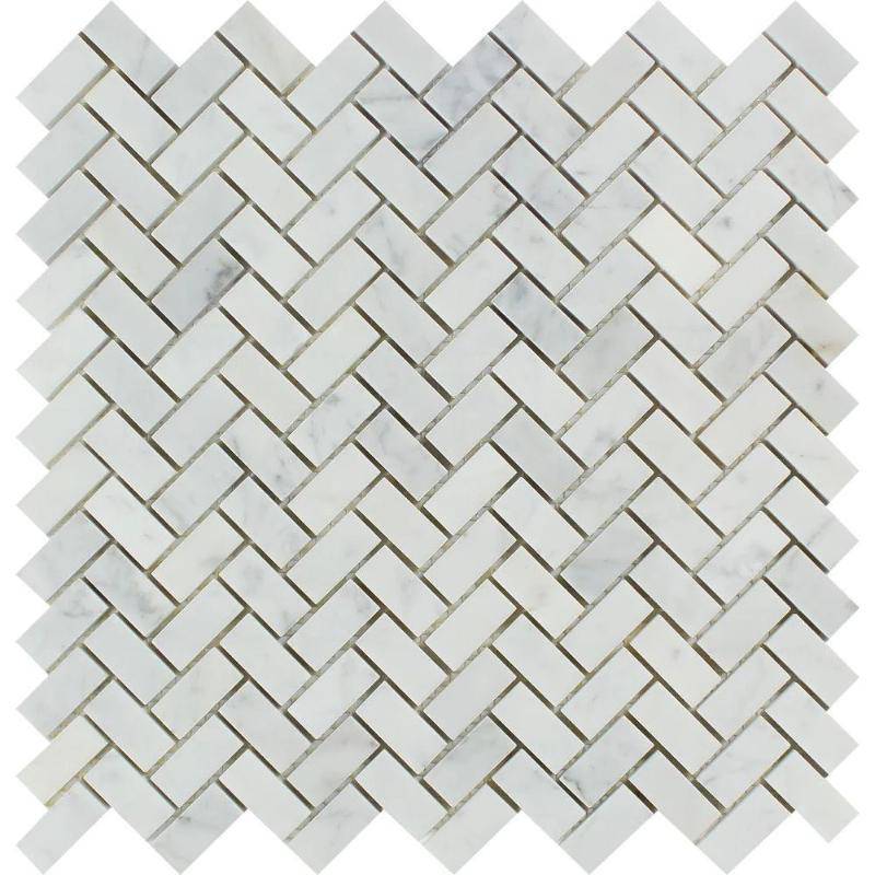 White Carrara Marble 5/8x1 1/4 Herringbone Polished Mosaic Tile - tilestate