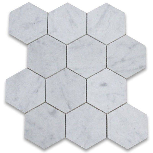 White Carrara Marble 5x5 Hexagon Honed Mosaic Tile - tilestate