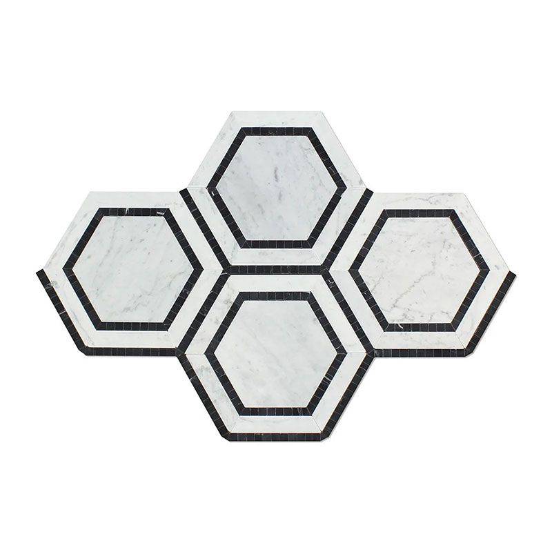 White Carrara Marble 5x5 Hexagon with Black Honed Mosaic Tile - tilestate