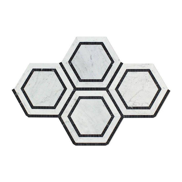 White Carrara Marble 5x5 Hexagon with Black Polished Mosaic Tile - tilestate